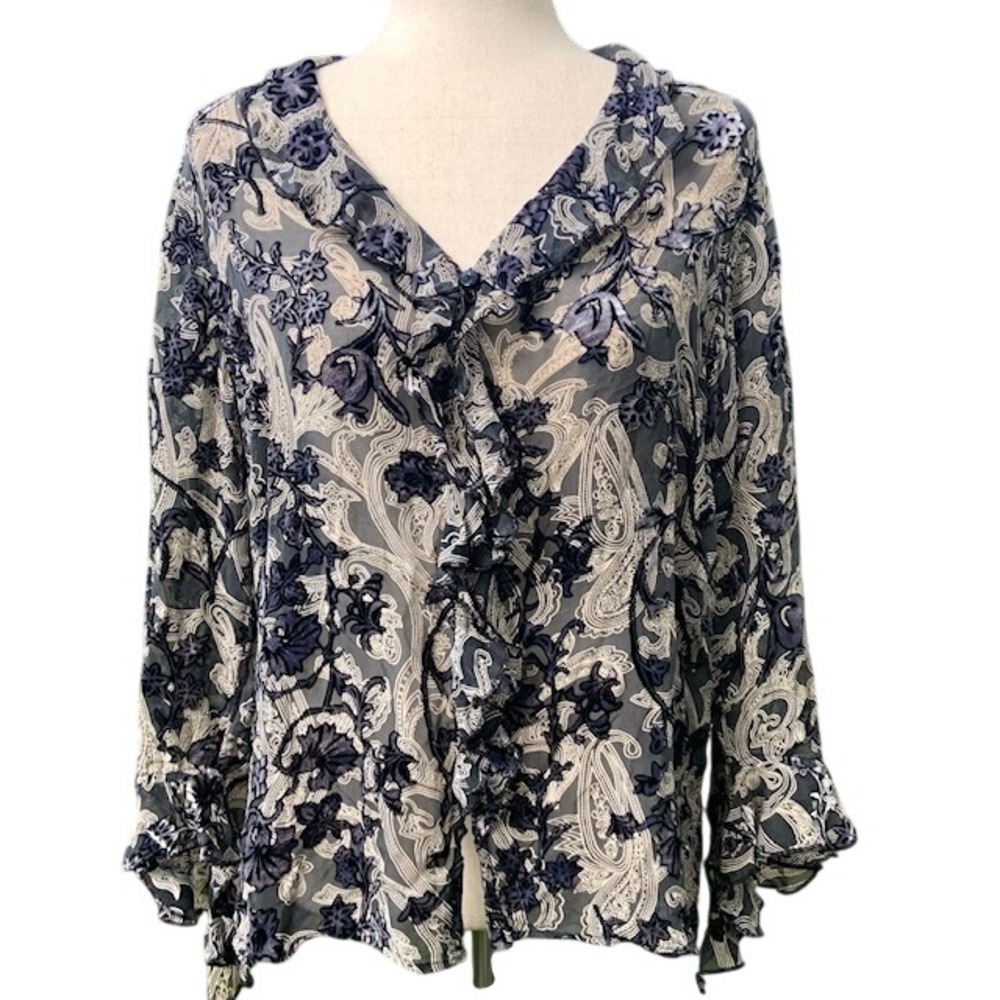 Whimsigoth Burnout Velvet Paisley Blouse Large Silk Blend Boho Romantic Feminine